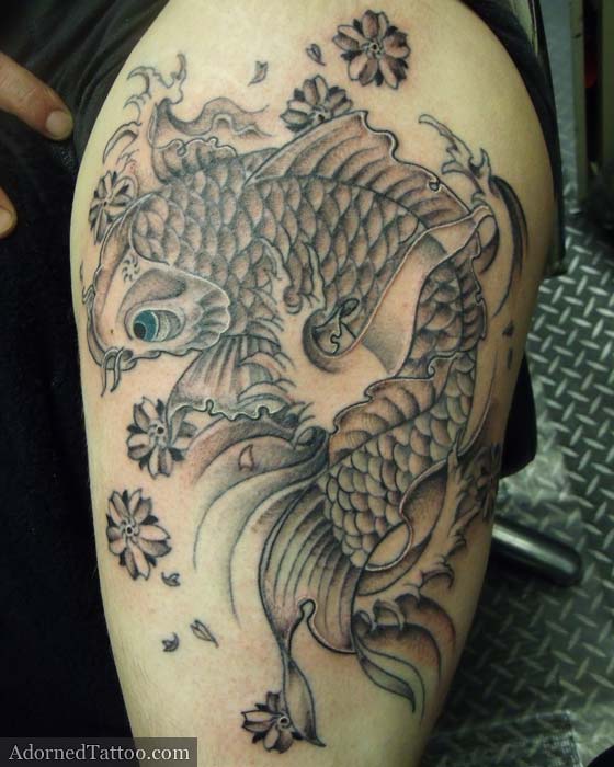 Japanese Koi And Cherry Blossoms Upper Arm Tattoo Adorned Tattoo