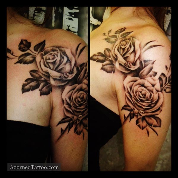 black and grey roses on shoulder tattoo