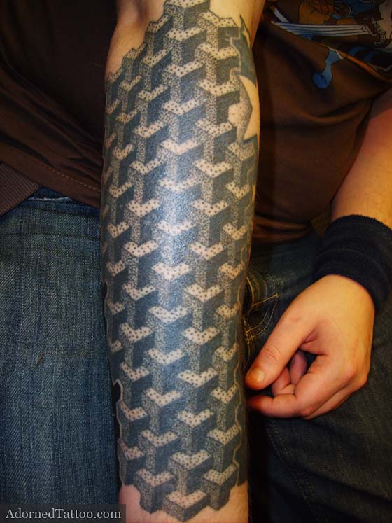 saints tattoos geometric tattoo art. Dotwork cubes geometric forearm tattoo. 