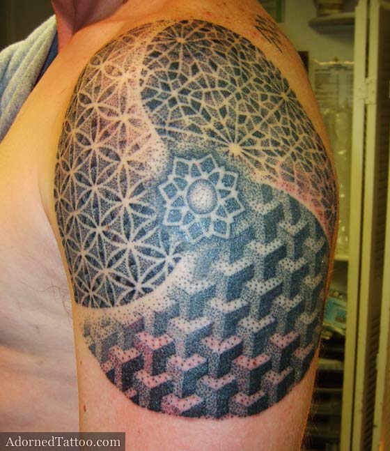 Dotwork geometric patterns shoulder tattoo
