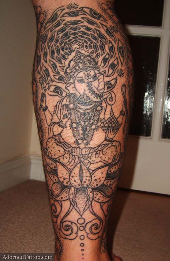 This is the back of Justin's Tibetan dotwork leg tattoo