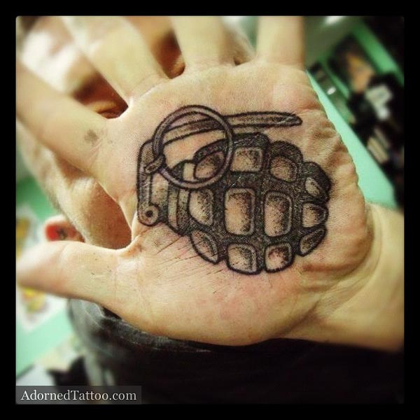 hand grenade palm tattoo