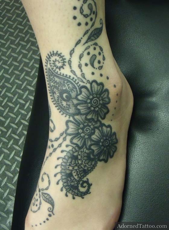 Henna-Inspired Ankle And Foot Tattoo | Adorned Tattoo