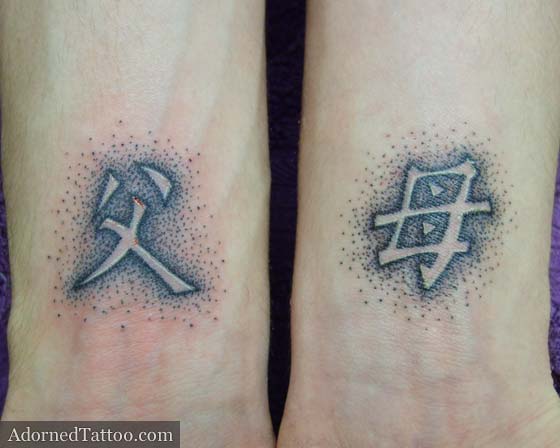 negative dotwork Kanji characters wrist tattoos