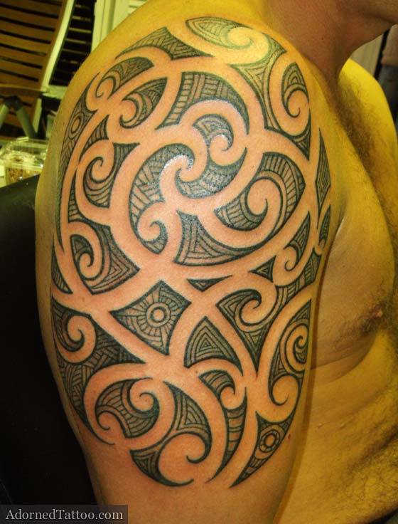 Maori-style half sleeve tattoo with shading. Maori half sleeve tattoo