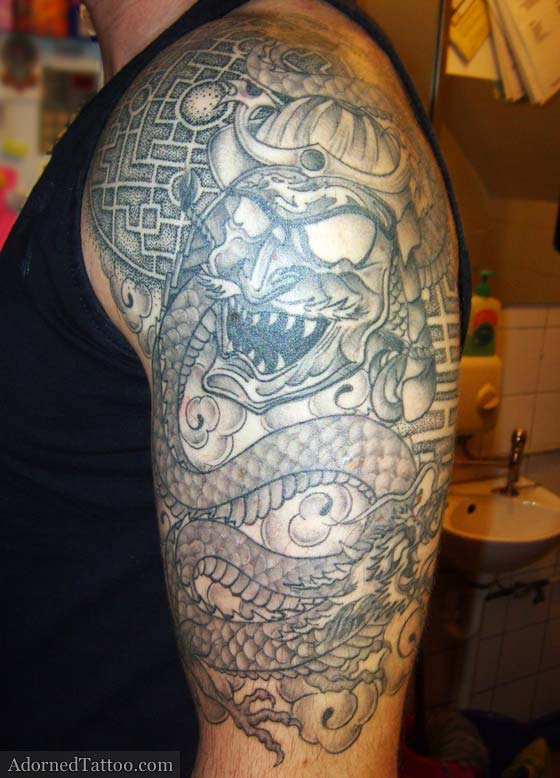 Oriental Half Sleeve Tattoo With Demon and Dragon