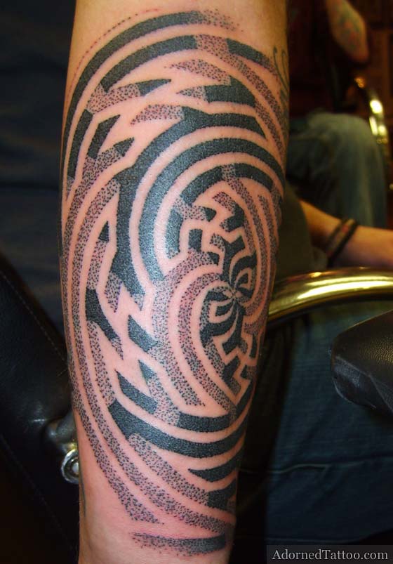 spiral sayagata swastikas dotwork tattoo