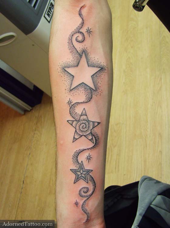 stars and smoke dotwork forearm tattoo